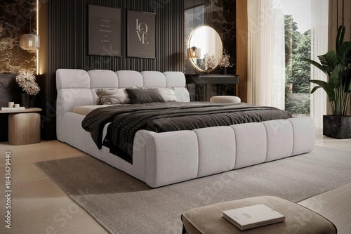 Canvastavla Modern luxury bedroom interior in minimal scandinavian style, 3d render