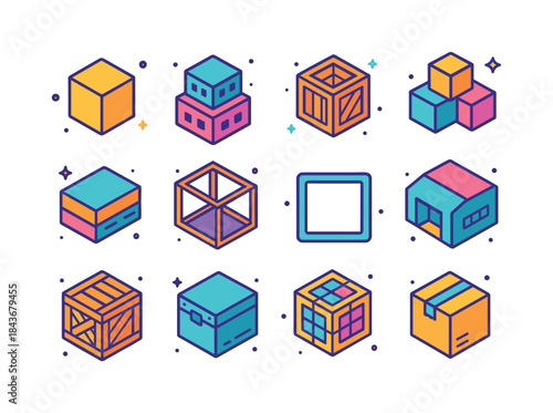 Colorful Isometric Icons. boxy structure. Colorful isometric vec