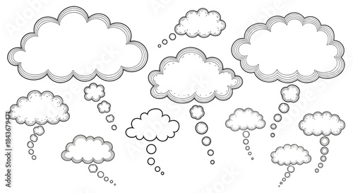 Set of vintage-style thought bubbles and speech balloons with a distinctive crosshatch shading effect for a retro comic book feel.