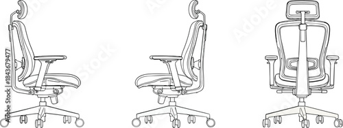 Ergonomic office chair, side view, rear view, mesh backrest, adjustable armrest, headrest, technical sketch, flat vector illustrationErgonomic office chair, flat vector illustration