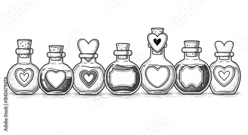 Row of seven enchanting glass potion bottles with cork stoppers and heart motifs, featuring a detailed hand-drawn ink style.