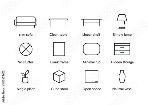Minimalist Living Icons. Minimalist living room. Line icon set o