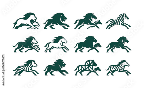 Wildlife Icon Variations. Wildlife Chasing. Icon set. Set Logo o