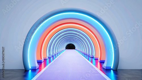 Dynamic abstract tunnel illuminated by colorful neon arcs, featuring a vibrant purple path stretching towards a mysterious dark opening in a modern, futuristic setting