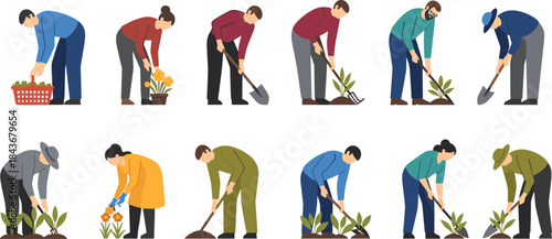 Gardening activities, planting flowers, harvesting vegetables, digging soil, tending plants, diverse gardeners, outdoor work, horticulture scene, flat vector illustration