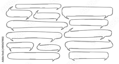 Large set of horizontally elongated speech bubbles in various forms, hand-drawn in a simple, clean, and sketchy line art style.