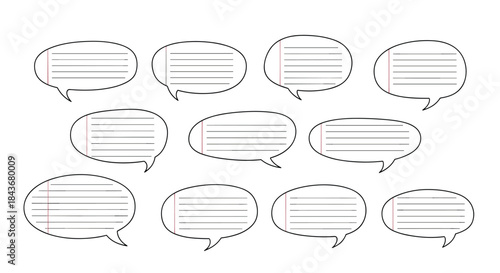 Collection of hand-drawn speech bubbles filled with horizontal lines like notebook paper, ready for text input or notes.