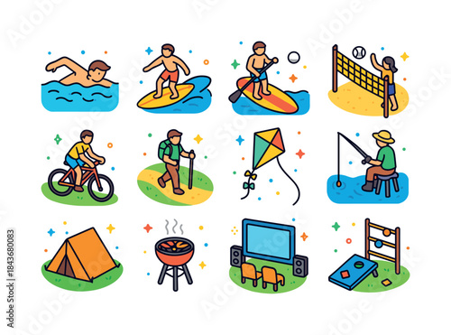 Colorful Summer Icons. Summer activities. Colorful isometric vec