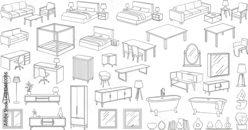 Home furniture, interior decor, bed, sofa, table, chair, lamp, shelf, bathtub, mirror, flat vector illustration