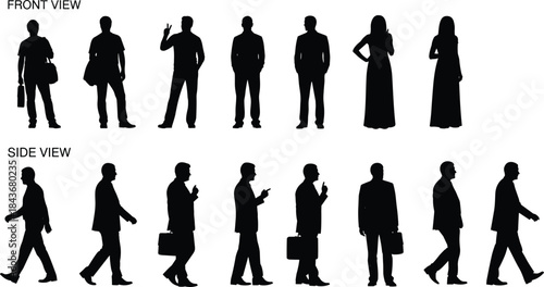 Human silhouette poses, front view, side view, walking, standing, business people, gesture icons, vector posture reference, flat vector illustration