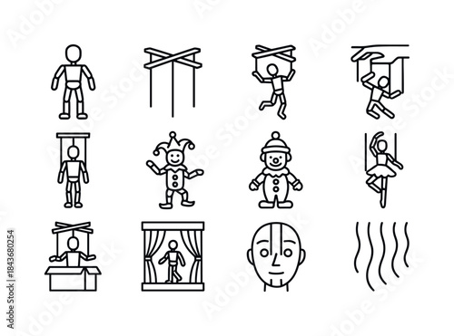 Marionette Icon Collection. Marionettes. Line icon set of Marion
