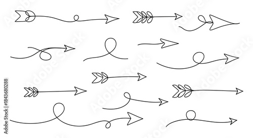 Extensive collection of whimsical, hand-drawn arrows with creative loops, swirls, and leafy fletchings in a simple line art style.