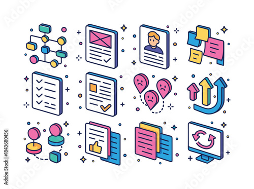 Colorful UX Icons Set. UX brainstorming. Colorful isometric vect