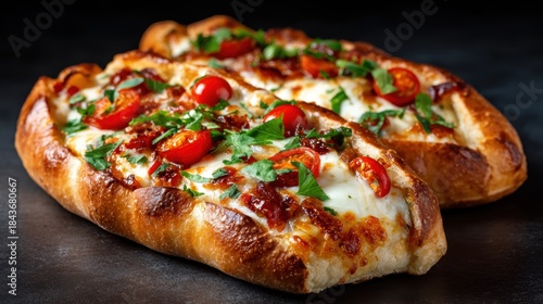 Wallpaper Mural This image features two golden-brown bread loaves topped with melted cheese, cherry tomatoes, and fresh parsley, creating a visually appealing and appetizing dish. Torontodigital.ca