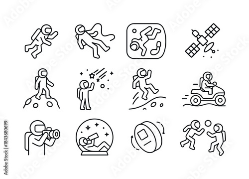 Space Adventure Icons. Space adventure activities. Line icon set