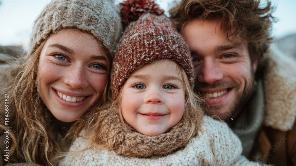 Obraz premium A joyful family portrait showing a smiling father, mother, and daughter bundled up in cozy winter clothing, radiating warmth and togetherness against a frosty outdoor backdrop.
