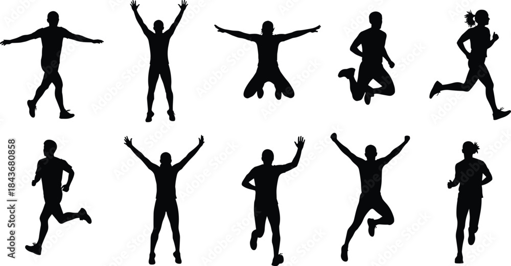 Fototapeta premium Human silhouette, running pose, jumping gesture, celebratory stance, expressive motion, path figure, flat vector illustration