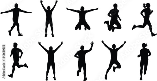 Human silhouette, running pose, jumping gesture, celebratory stance, expressive motion, path figure, flat vector illustration