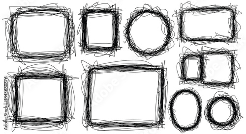 Collection of hand-drawn grunge frames in various shapes created with chaotic, scribbled lines for a messy, artistic effect.