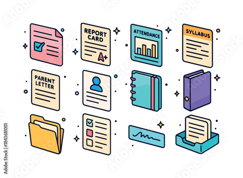 Colorful School Document Icons. school documents. Colorful isome