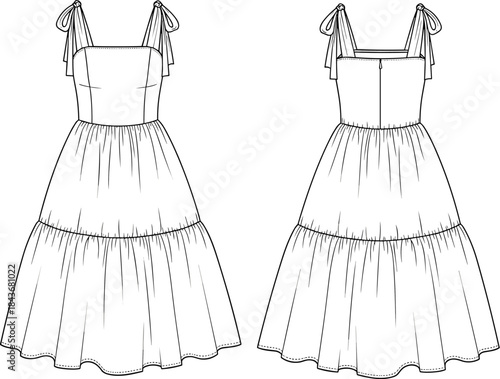 Sleeveless Tiered Dress with Tie Straps, Square Neckline, Fitted Bodice, Gathered Skirt, Zipper Back, Fashion Illustration Front and Back