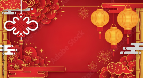 Vibrant Chinese New Year festive decorations featuring traditional lanterns knots and bamboo.
