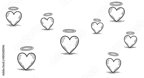 Cute pattern of hand-drawn hearts, each with a floating halo and a small shadow, creating a simple and sweet background.