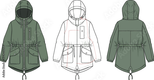 Technical hooded parka jacket flat sketch front back views with drawstring waist pockets zipper detailed fashion illustration winter outerwear design