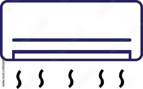 Air conditioner unit icon with cooling waves symbol, simple blue outline drawing on