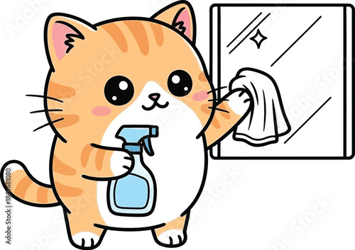 Cartoon cat cleaning with spray bottle and cloth isolated on white background