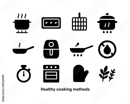 Healthy Cooking Icons. Healthy cooking methods. Solid icon set o