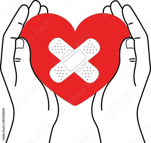 Hands holding red heart with bandage isolated on white background