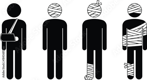 Four people with body parts obscured by newspaper clippings