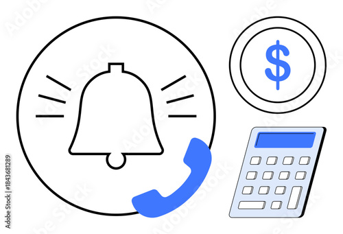 Financial alerts, banking services, payment notifications, money management, transaction updates, personal finance tracking. Bell, dollar sign phone and calculator graphics. Financial alerts