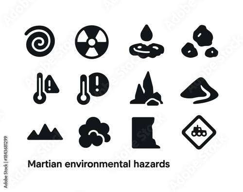 Martian Hazards Icons. Martian environmental hazards. Solid icon