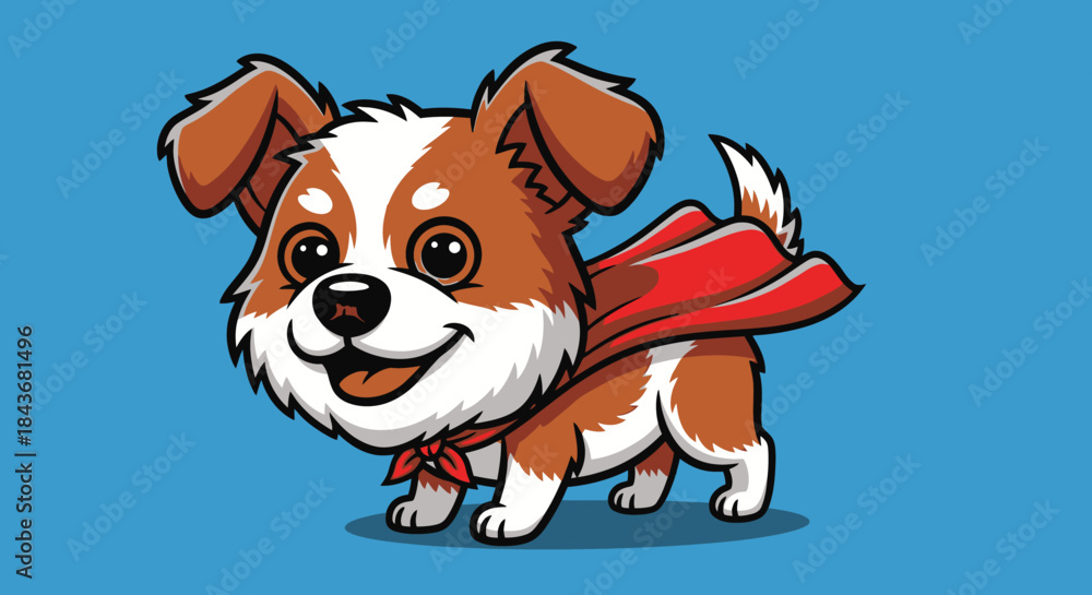 Fototapeta premium Happy cute cartoon puppy superhero in red cape smiling on light blue background.