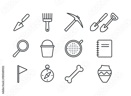 Archaeological Tools Icon Set. Archaeological Tools. Line icon s