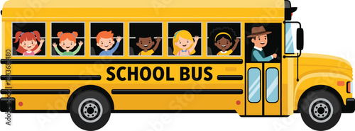 Happy children riding yellow school bus with smiling driver, colorful flat cartoon vector illustration for education and transportation.