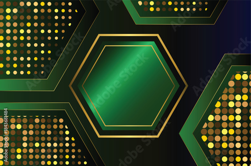 Abstract Luxury Geometric Background with Green Hexagons and Gold Accents eaturing interlocking green hexagonal shapes with polished gold borders and shimmering golden dot patterns