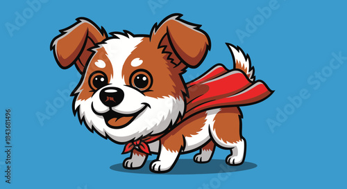 Happy cute cartoon puppy superhero in red cape smiling on light blue background.