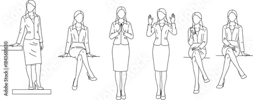 Business woman, professional pose, seated and standing, hand gesture, phone use, confident posture, flat vector illustration
