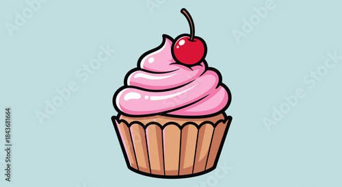 Delicious Cartoon Cupcake with Pink Frosting and Cherry on Blue Background