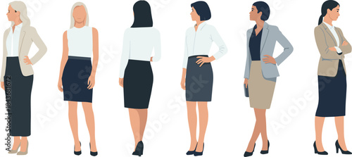 Business women, professional attire, office fashion, skirt and blouse, blazer style, confident pose, workplace dress code, flat vector illustration