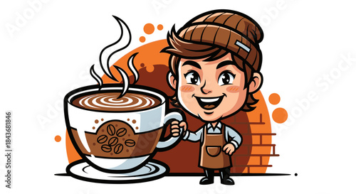 Friendly Female Barista Holding Hot Coffee Cup with Beans in Cafe Setting