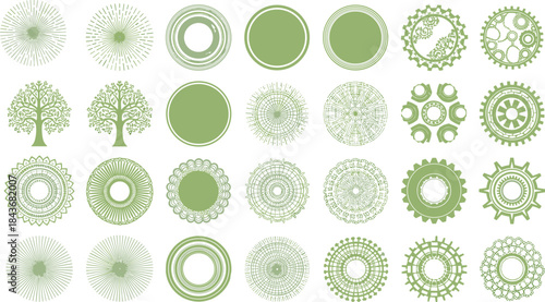 Circular designs, symmetrical patterns, mandala motifs, gear shapes, tree icons, abstract forms, green palette, radial art, flat vector illustration