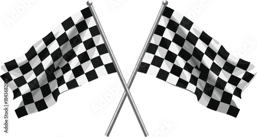 Realistic crossed checkered racing flags symbolizing finish line, motorsport competition, speed, victory, and automotive events.