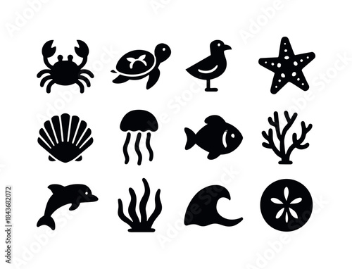Seaside Wildlife Icons. Seaside Wildlife. Solid icon set of Seas