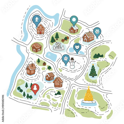 Map of a festive winter village with marked holiday locations  