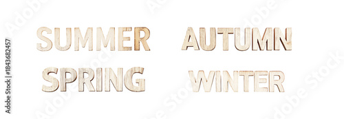 Set of seasonal words winter, spring, summer, autumn made from rustic wood isolated on transparent background. beach typography, natural texture, coastal style design elements. Generative Ai content