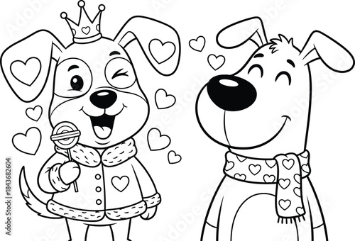 Cute cartoon dogs with hearts and accessories isolated on white background